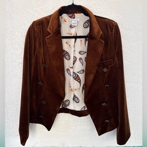 OOLALA Brown Velour Blazer Jacket Paisley Lining Peak Lapels Small